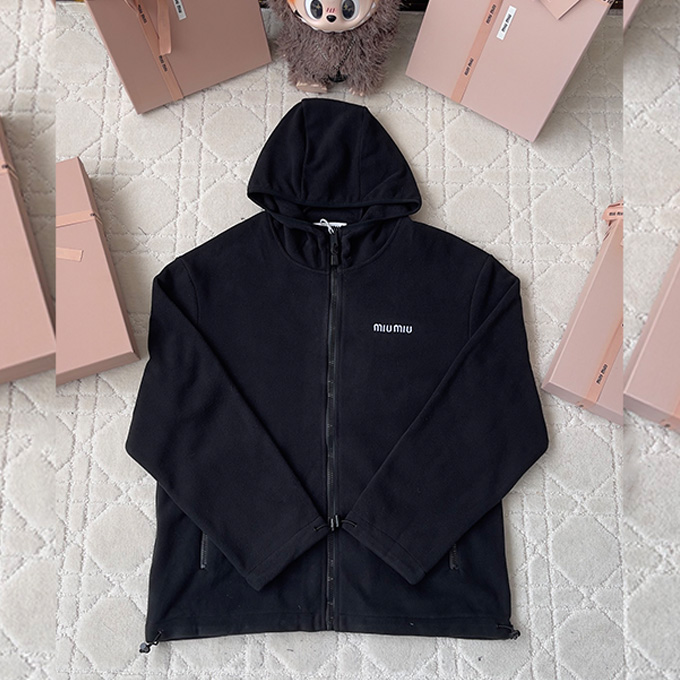 miu miu fleece logo zip‑up hooded jacket